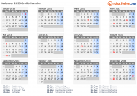 Kalender 2033 mit Ferien und Feiertagen Großbritannien