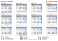 Kalender 2033 mit Ferien und Feiertagen Guinea