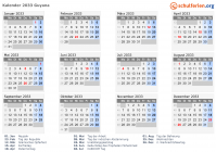 Kalender 2033 mit Ferien und Feiertagen Guyana