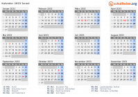 Kalender 2033 mit Ferien und Feiertagen Israel