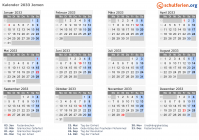 Kalender 2033 mit Ferien und Feiertagen Jemen