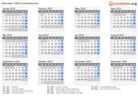 Kalender 2033 mit Ferien und Feiertagen Kambodscha