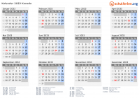Kalender 2033 mit Ferien und Feiertagen Kanada