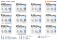 Kalender 2033 mit Ferien und Feiertagen Kirgisistan