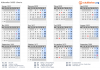 Kalender 2033 mit Ferien und Feiertagen Liberia
