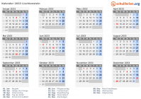 Kalender 2033 mit Ferien und Feiertagen Liechtenstein