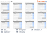 Kalender 2033 mit Ferien und Feiertagen Montenegro