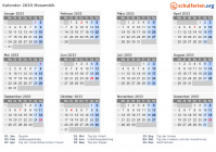 Kalender 2033 mit Ferien und Feiertagen Mosambik