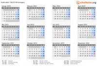 Kalender 2033 mit Ferien und Feiertagen Nicaragua