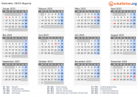 Kalender 2033 mit Ferien und Feiertagen Nigeria