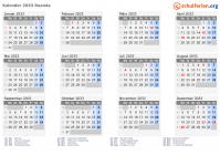 Kalender 2033 mit Ferien und Feiertagen Ruanda
