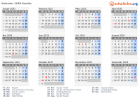 Kalender 2033 mit Ferien und Feiertagen Sambia