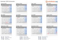 Kalender 2033 mit Ferien und Feiertagen Schweden