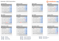 Kalender 2033 mit Ferien und Feiertagen Seychellen