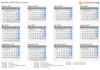 Kalender 2033 mit Ferien und Feiertagen Sierra Leone