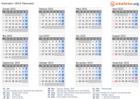 Kalender 2033 mit Ferien und Feiertagen Slowakei