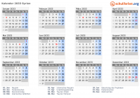 Kalender 2033 mit Ferien und Feiertagen Syrien