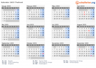 Kalender 2033 mit Ferien und Feiertagen Thailand