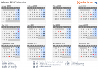 Kalender 2033 mit Ferien und Feiertagen Tschechien