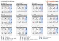 Kalender 2033 mit Ferien und Feiertagen Tunesien