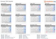 Kalender 2033 mit Ferien und Feiertagen Uganda