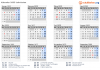 Kalender 2033 mit Ferien und Feiertagen Usbekistan