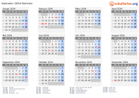 Kalender 2034 mit Ferien und Feiertagen Bolivien