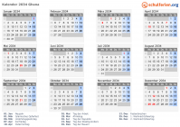 Kalender 2034 mit Ferien und Feiertagen Ghana