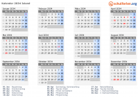 Kalender 2034 mit Ferien und Feiertagen Island