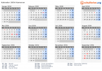 Kalender 2034 mit Ferien und Feiertagen Kamerun