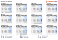 Kalender 2034 mit Ferien und Feiertagen Niger