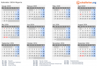 Kalender 2034 mit Ferien und Feiertagen Nigeria