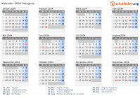 Kalender 2034 mit Ferien und Feiertagen Paraguay