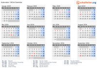 Kalender 2034 mit Ferien und Feiertagen Sambia