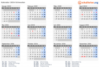 Kalender 2034 mit Ferien und Feiertagen Schweden