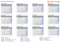 Kalender 2034 mit Ferien und Feiertagen Uganda