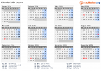 Kalender 2034 mit Ferien und Feiertagen Ungarn