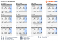 Kalender 2034 mit Ferien und Feiertagen Usbekistan