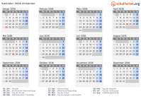 Kalender 2036 mit Ferien und Feiertagen Armenien