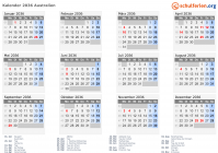 Kalender 2036 mit Ferien und Feiertagen Australien