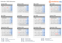 Kalender 2036 mit Ferien und Feiertagen Bahamas