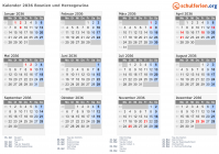 Kalender 2036 mit Ferien und Feiertagen Bosnien und Herzegowina