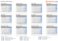 Kalender 2036 mit Ferien und Feiertagen Japan
