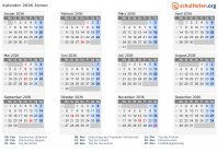Kalender 2036 mit Ferien und Feiertagen Jemen