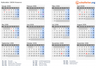 Kalender 2036 mit Ferien und Feiertagen Kosovo