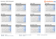 Kalender 2036 mit Ferien und Feiertagen Mongolei