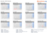 Kalender 2036 mit Ferien und Feiertagen Panama