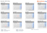 Kalender 2037 mit Ferien und Feiertagen China