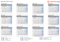 Kalender 2037 mit Ferien und Feiertagen Israel