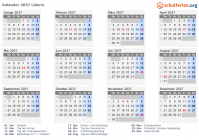 Kalender 2037 mit Ferien und Feiertagen Liberia